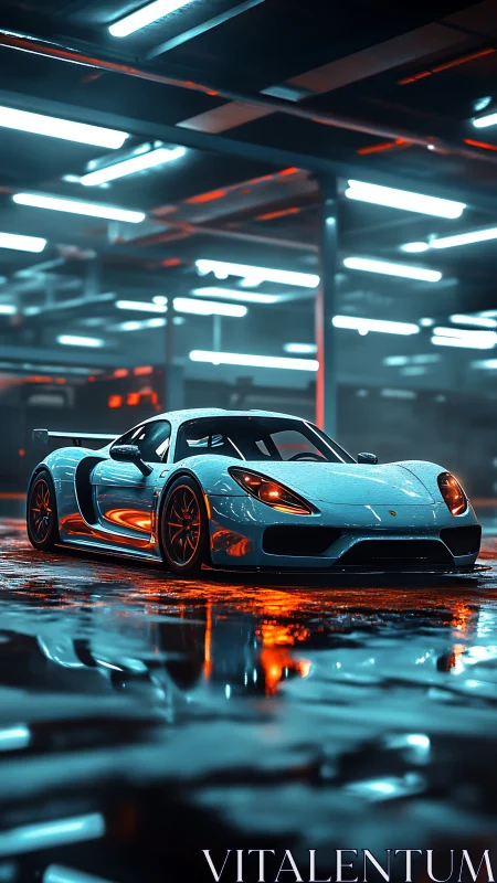 Electric blue hypercar under neon reflections in wet garage.