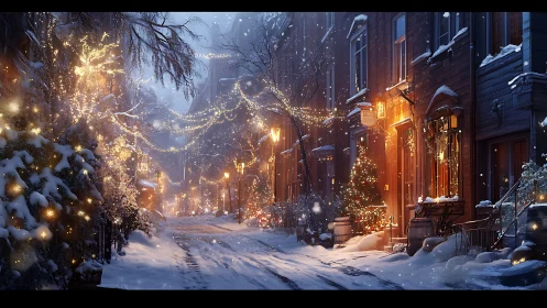 Snowy city street at night with warm festive lights.