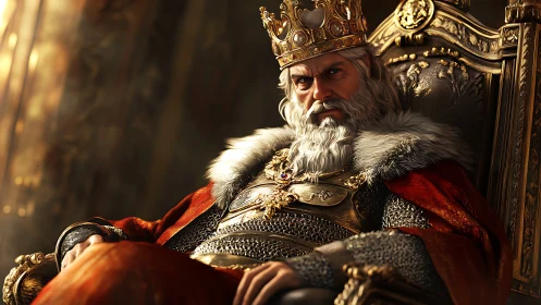 Stern medieval king rests on gilded throne in warm light.