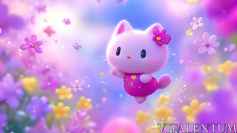 3D pastel cat character in luminous floral dreamscape.