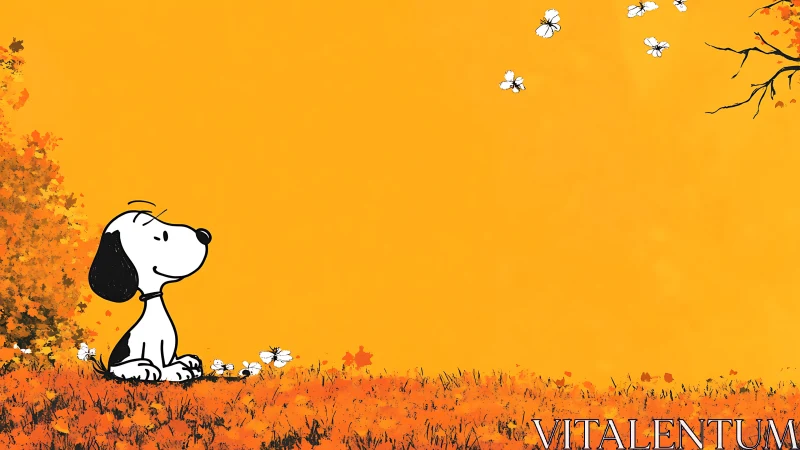 Gentle cartoon dog enjoys a golden autumn afternoon outside