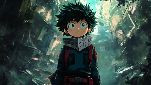 Green‑haired wanderer studies light in a fractured forest