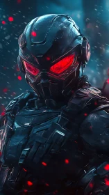 Cybernetic combat exosuit with glowing red visor dominates frame