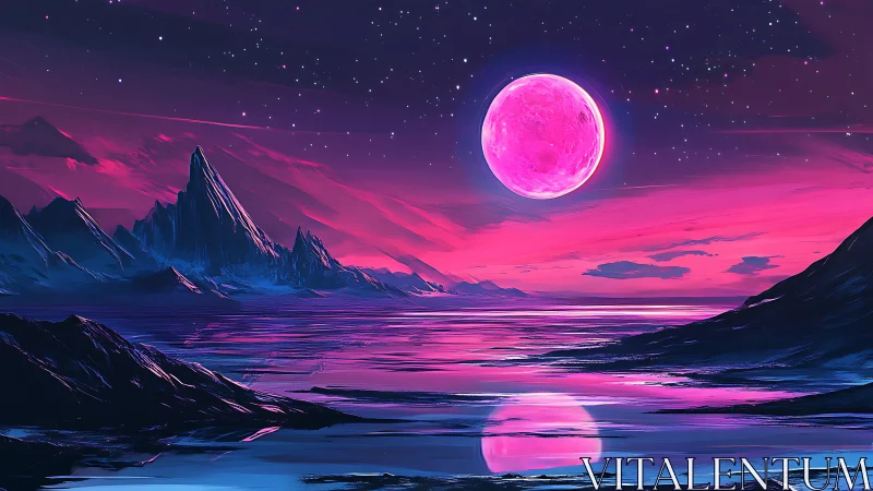 Neon magenta moon illuminates alien seascape in digital painting