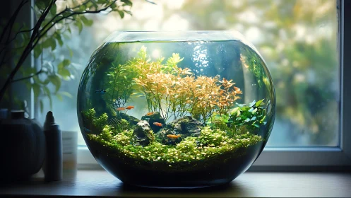 Sunlit glass aquarium with lush aquascape centerpiece.