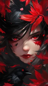 Scarlet-eyed woman confronts viewer amid falling red leaves