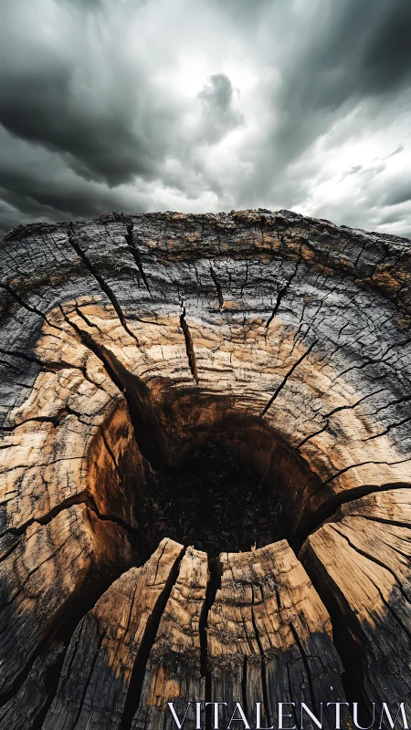 Weathered tree crater whispers storm stories to the sky