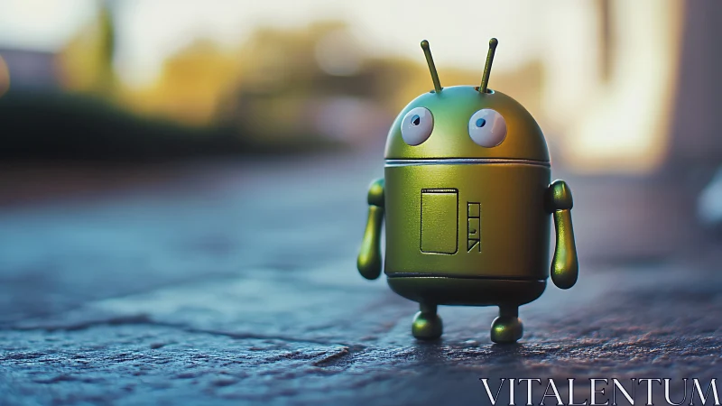 Macro bokeh study of metallic toy android on pavement at dusk.