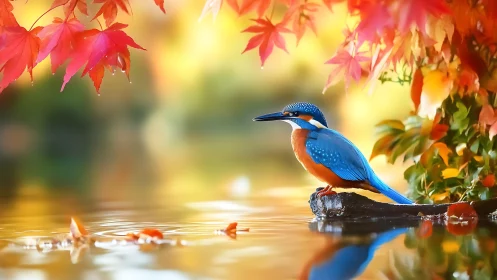 Vibrant kingfisher by autumn river in dreamy, colorful style.