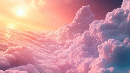 Sunrise illuminates dense pink clouds above glowing horizon