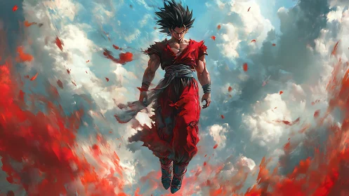 Warrior ascends through storm-swept clouds in blazing red aura.