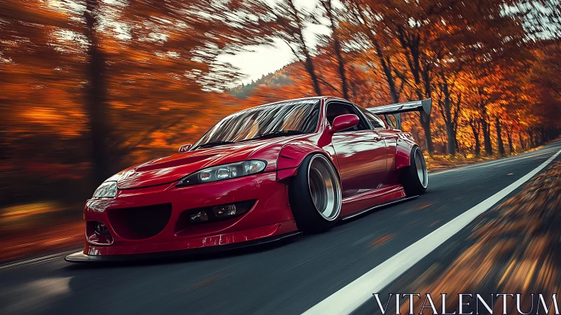 Modified red sports car drives fast through autumn forest