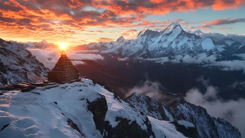 Sunlit cairn on snow ridge facing dramatic alpine range.