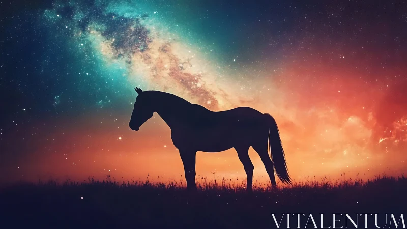 Stargazing horse leans quietly against a painted cosmos sky