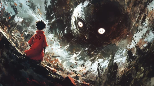 Lone cloaked figure confronting colossal void entity.