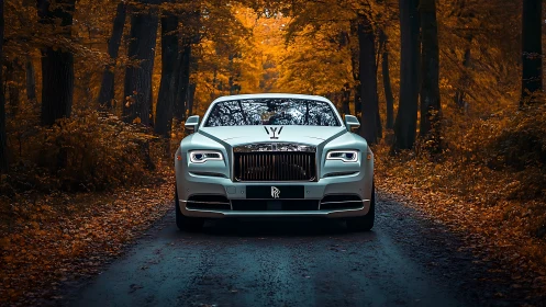 White luxury coupe stands centered on narrow forest road