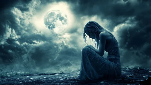 Nocturnal silhouette study under luminous storm moon.