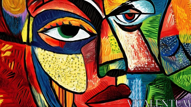 Vibrant abstract cubist portrait with bold colors and textured strokes.