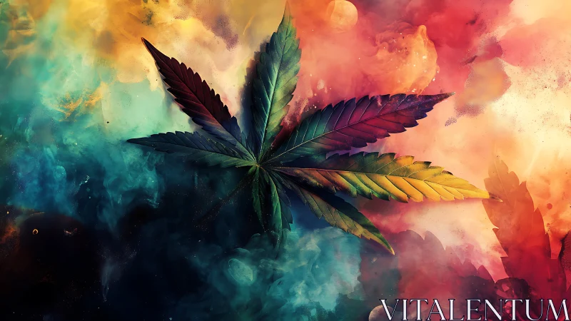 Prismatic cannabis leaf drifting through a cosmic color storm.
