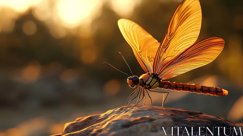 Golden dragonfly macro study in warm sunset rim lighting.