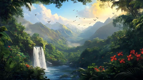 Lush tropical valley frames waterfall under glowing sunrise
