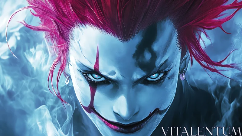 Digital painting of demonic clown portrait in icy blue palette.