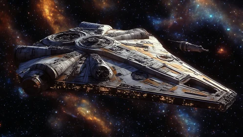 Detailed starship cruising through colorful deep space.