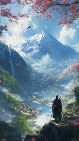Samurai observing river valley beneath snow-capped mountain.