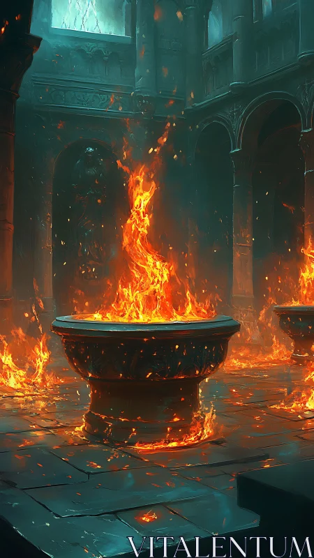 Infernal Flames: A Gothic Temple's Burning Altar.