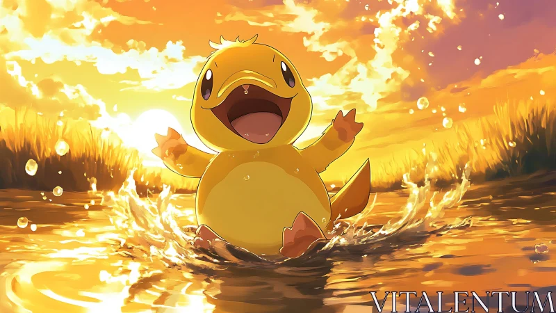 Sunset-splashed duckling dances through molten golden water.