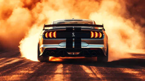 Muscle car launches through fiery dust in dramatic motion.