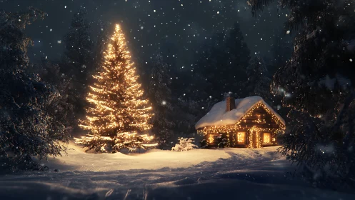 Snowy forest cabin glows beside a radiant Christmas tree