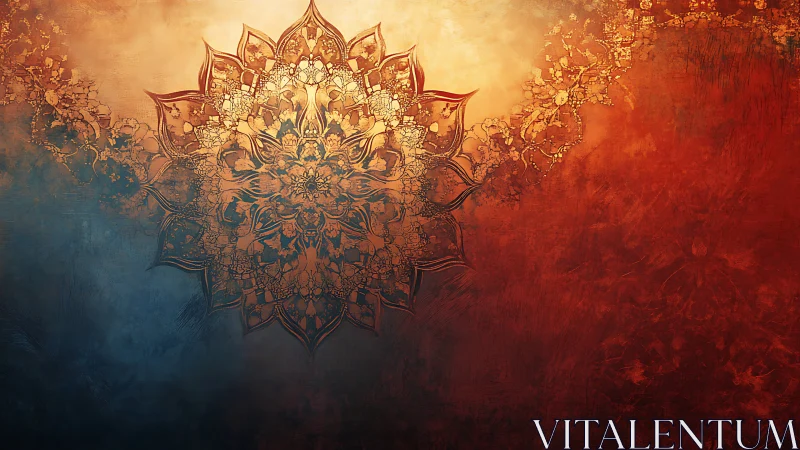 Ornate mandala on textured blue and orange gradient wall.