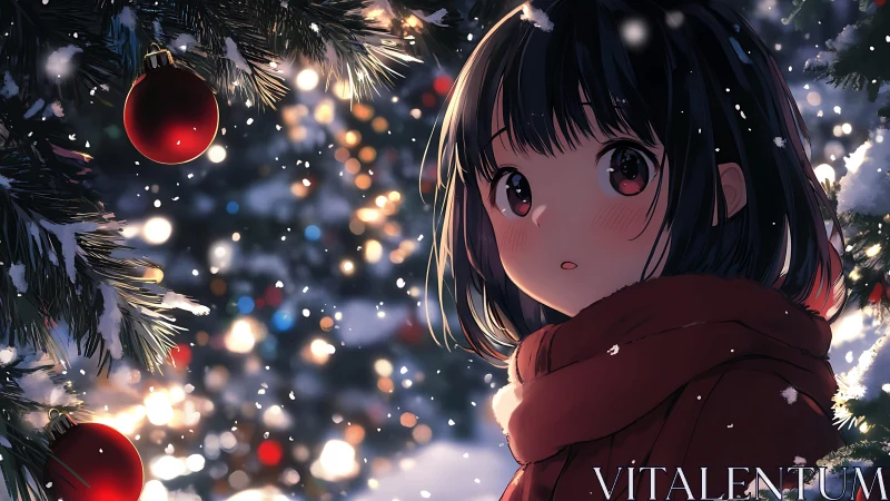 Anime winter portrait of girl by snowy Christmas tree lights