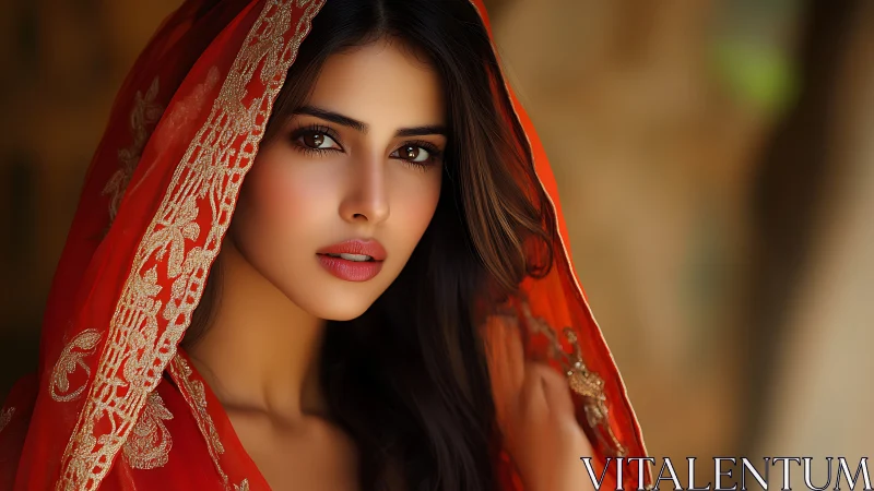 Elegant woman in red embroidered veil, soft portrait style.