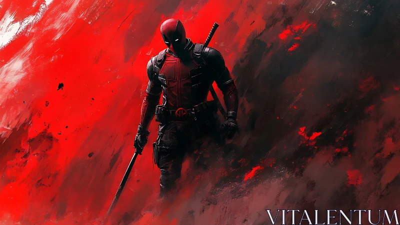 Deadpool warrior strides through abstract crimson storm.