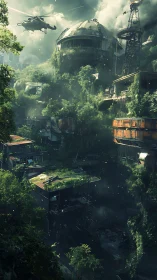 Post-collapse vertical city overgrown by dense rewilded canopy