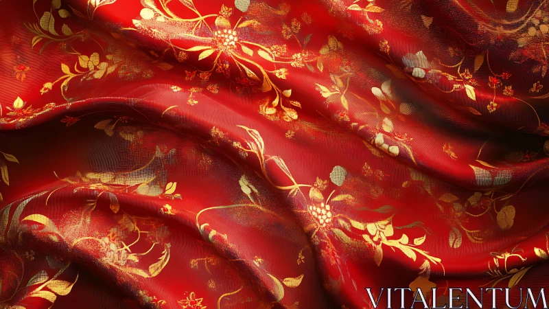 Radiant red silk ripples softly with golden floral light