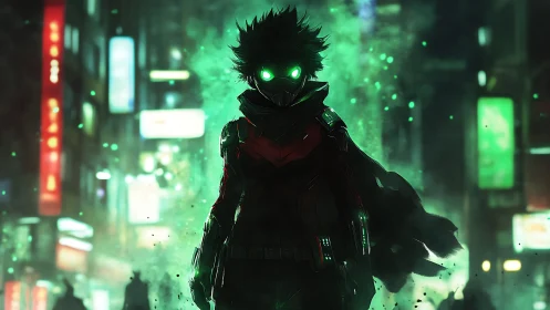 Masked neon vigilante in glowing green urban haze.