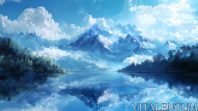 Glacial mountain range mirrored in hyperreal tranquil lake