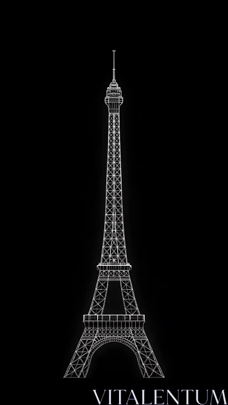 Minimalist wireframe Eiffel Tower glows on deep black