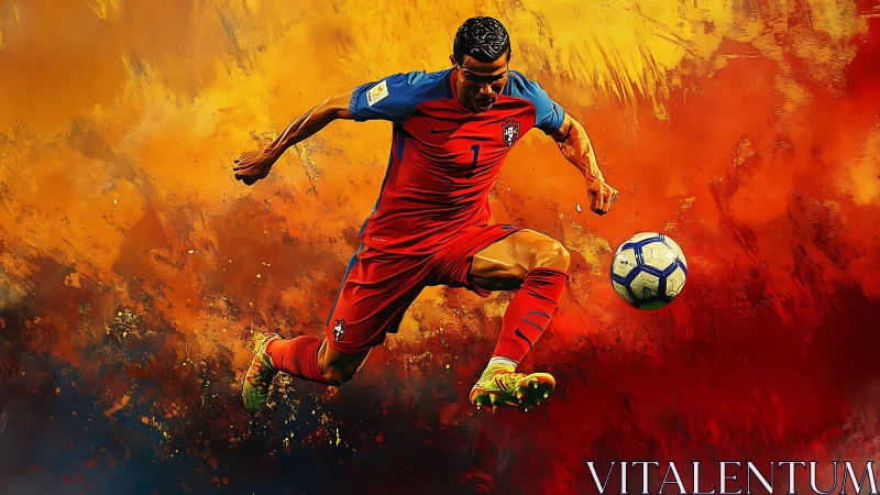 Soccer player mid kick against abstract orange backdrop.