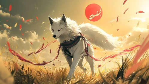 Luminous fox sentinel under solar disc with kinetic ribbons.