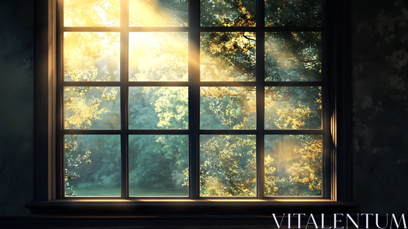 Sunlit forest framed by multi-pane window with volumetric light