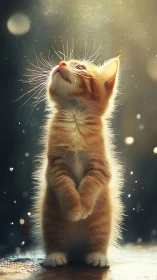 Orange cat sitting upright gazes toward moon and stars.