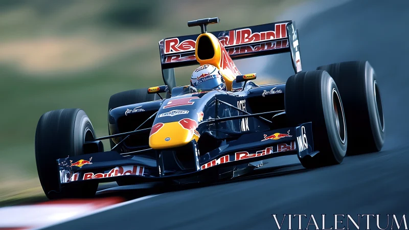 Red Bull Formula 1 car racing at high speed on track.