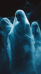 Shrouded skeletal ghosts emerge from swirling blue mist.