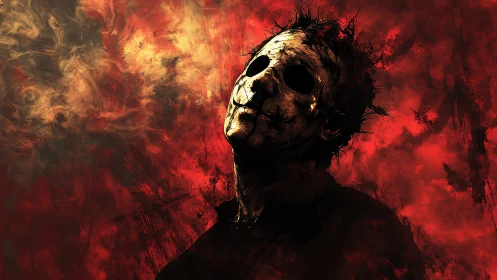 Masked figure portrait against red textured smoke backdrop.