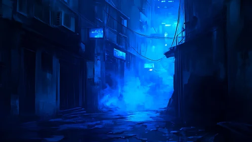 Neon fog swallows a lonely cyber alleyway in electric blue