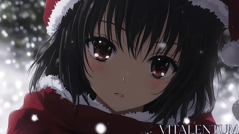 Snow-illuminated anime girl in red hood with reflective eyes